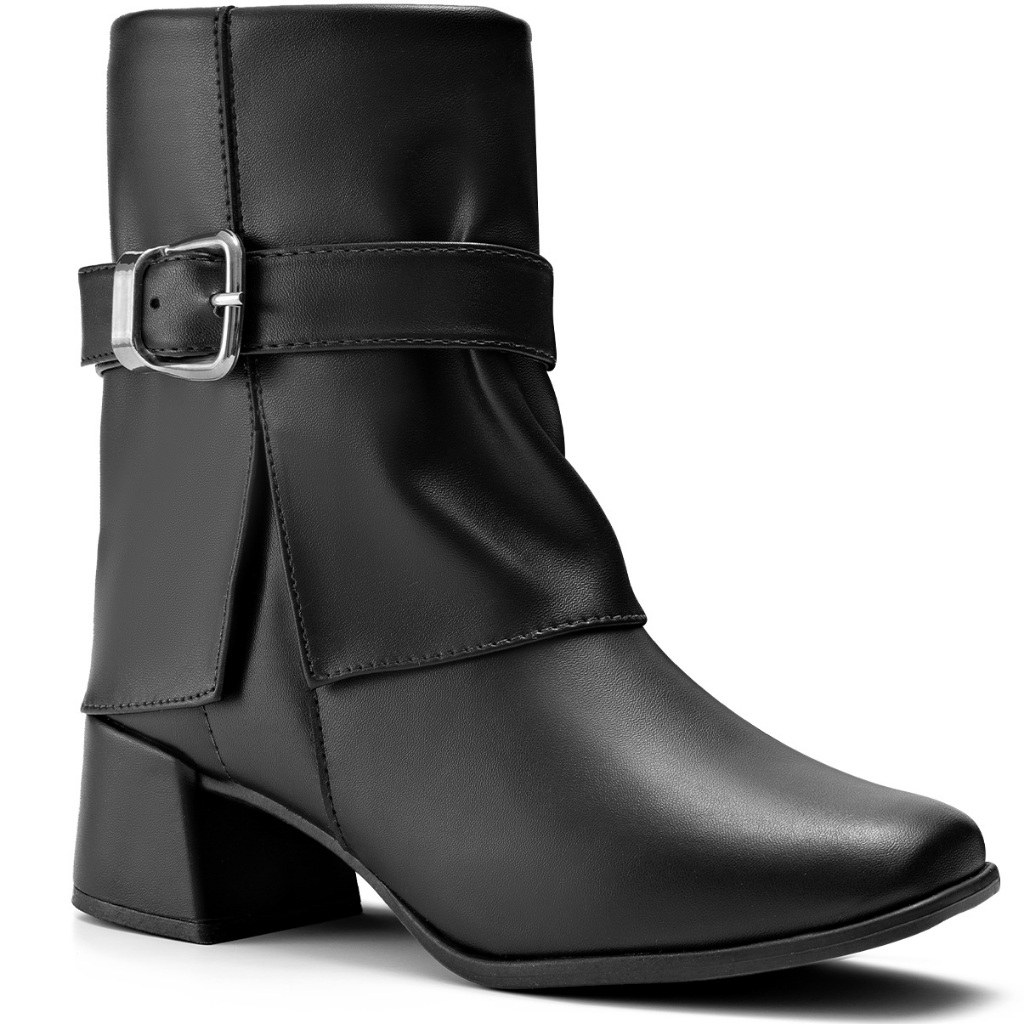 Bota Feminina Lumiss Salto Bloco Baixo Cano Baixo Fivela Bico Redondo