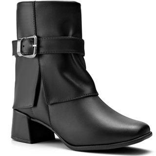 Bota Feminina Lumiss Salto Bloco Baixo Cano Baixo Fivela Bico Redondo