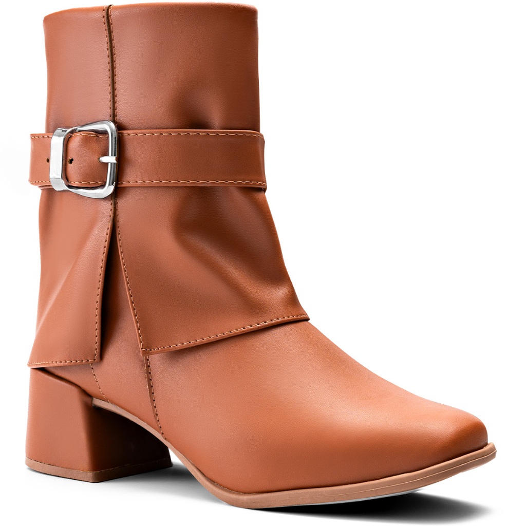 Bota Feminina Lumiss Bico Redondo Cano Baixo Salto Grosso Baixo Fivela Caramelo - Women Shoes