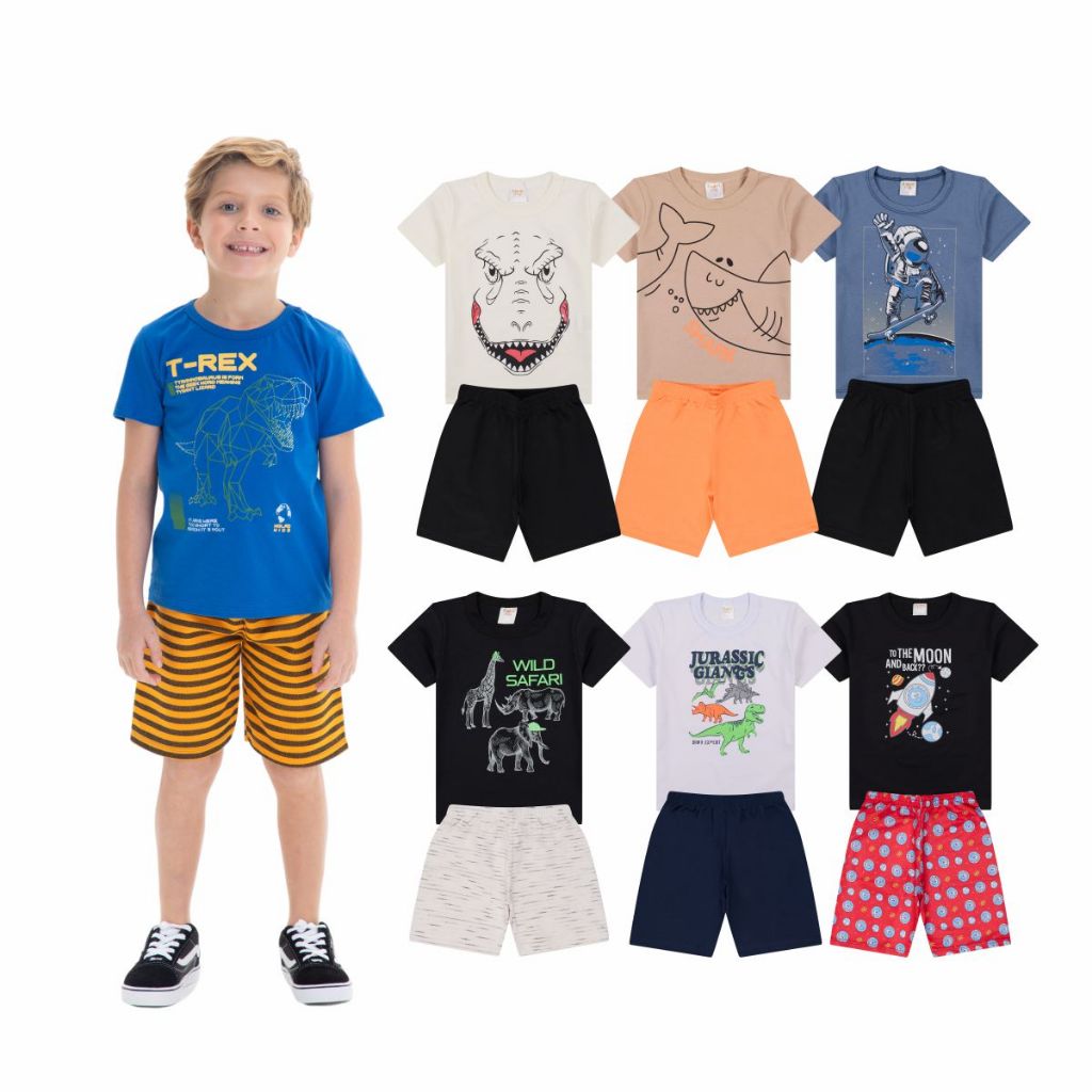 Kit Conjunto Peças Roupa Infantil Menino Camisetas + Bermudas - Kit Conjuntos Sortidos Moda Infantil Verão Bebê