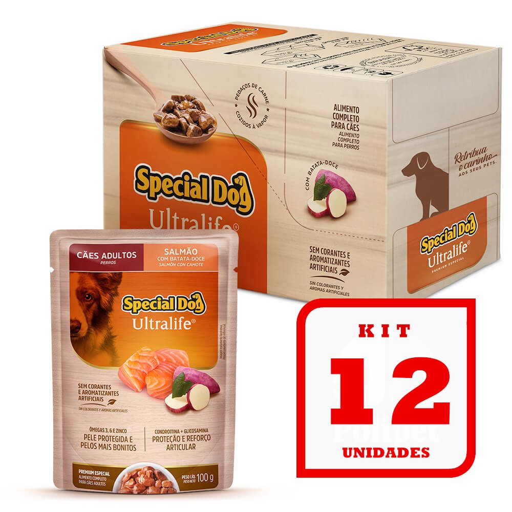 Kit 12 Sachê Special Dog para Cães Adultos sabor Salmão e Batata-Doce 12x100g em Oferta na Shopee