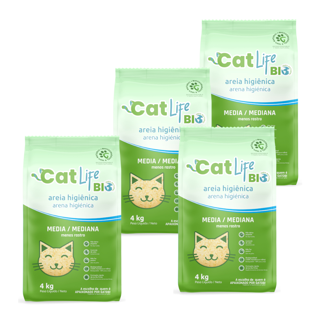 Kit 4 Areias Higiênica Cat Life Bio Grãos Médios para Gatos 4 kg