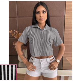 Blusa femenina Camisa Social Manga Curta LISTRADA Moda Praia Tendência 2026 em Oferta na Shopee