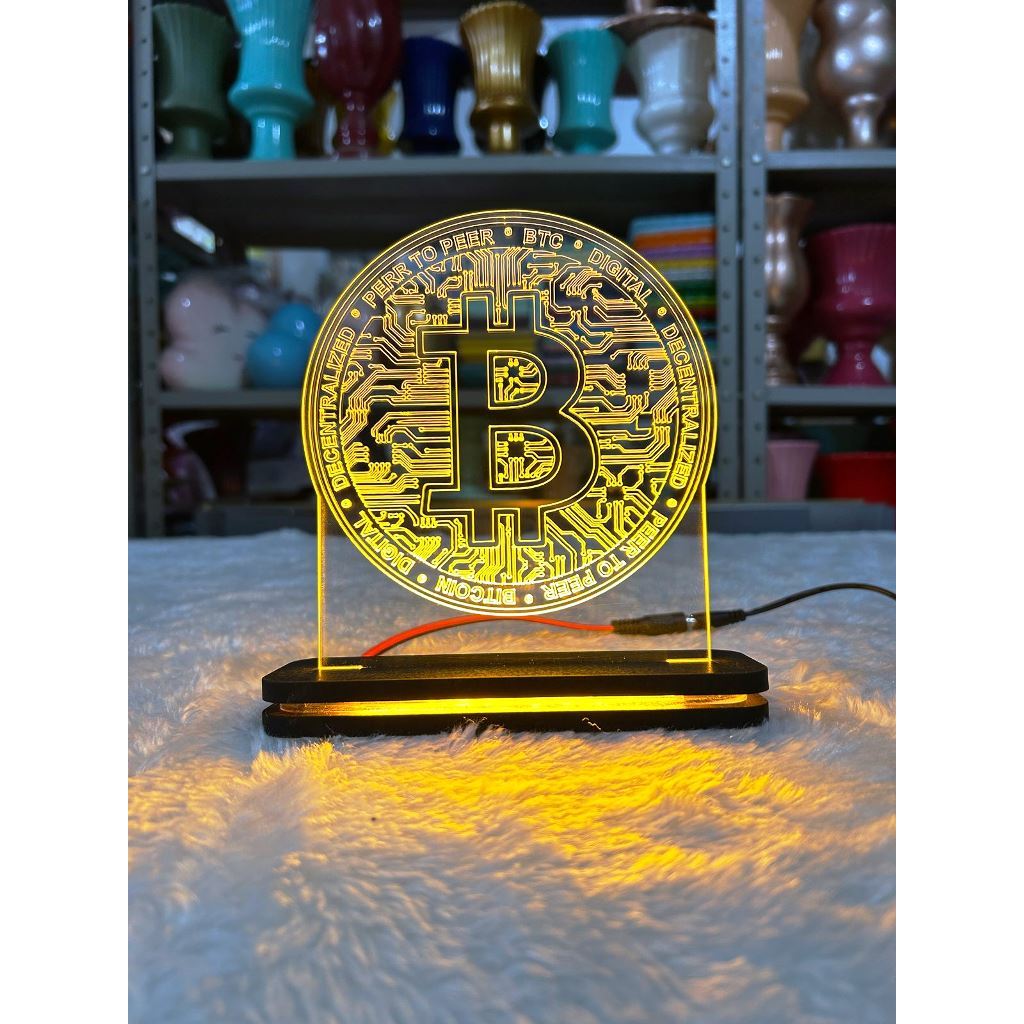 Luminária Bitcoin Acrílico 3D de mesa Decorativa Cripto Moeda Bitcoin Abajur Neon