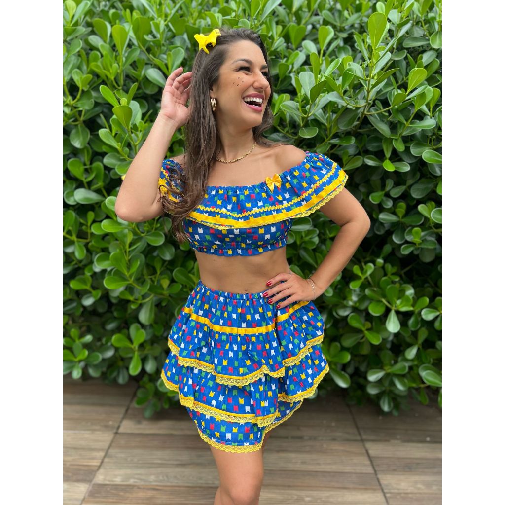 CONJUNTO Cropped e Saia Festa junina PM São João Arraiá Roupa Quadrilha Jeca Charraiá Xadrez Chita Floral
