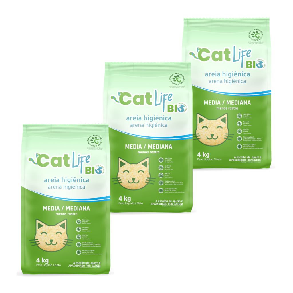 Kit 3 Areia Higiênica Cat Life Bio Grãos Médios para Gatos 4 kg em Oferta na Shopee