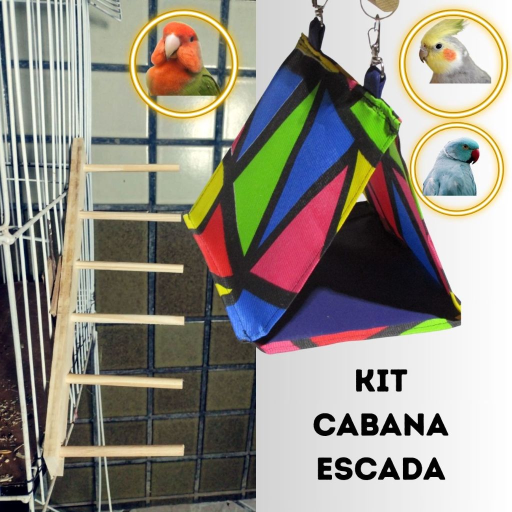 kit 2 Brinquedos Para Calopsita Cabana Tenda + Escada Para Gaiola Aves Pequena Rinq Neck Birds