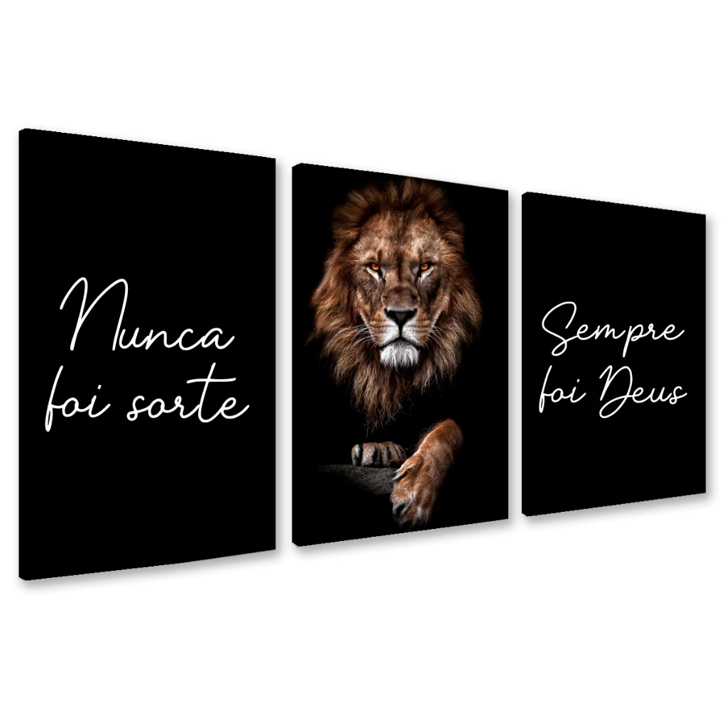 Kit Quadros Decorativos 3 peças Leão de Judá Religioso Nunca Foi Sorte Sempre Foi Deus 4K Sala Quarto Escritório