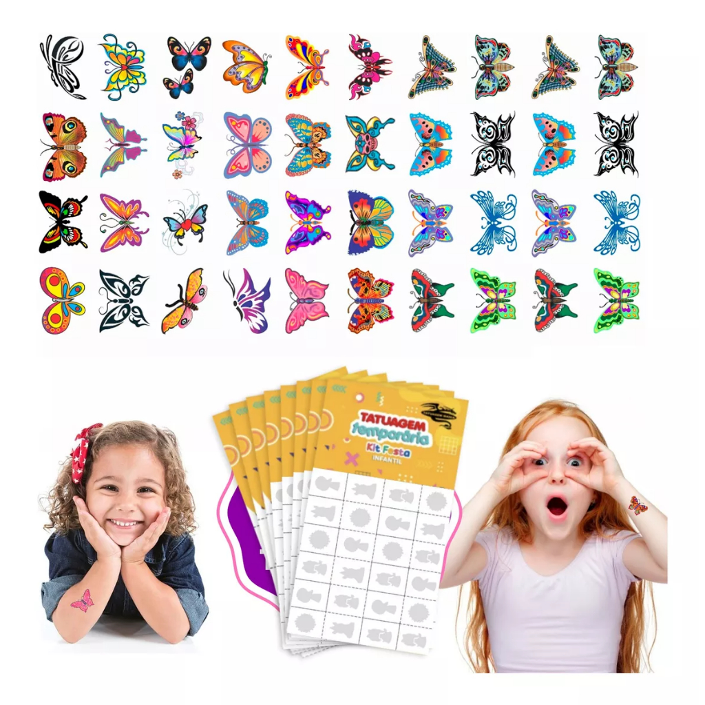32/160/256 Tatuagem Infantil Temporária Borboletas Menina Criança Festa