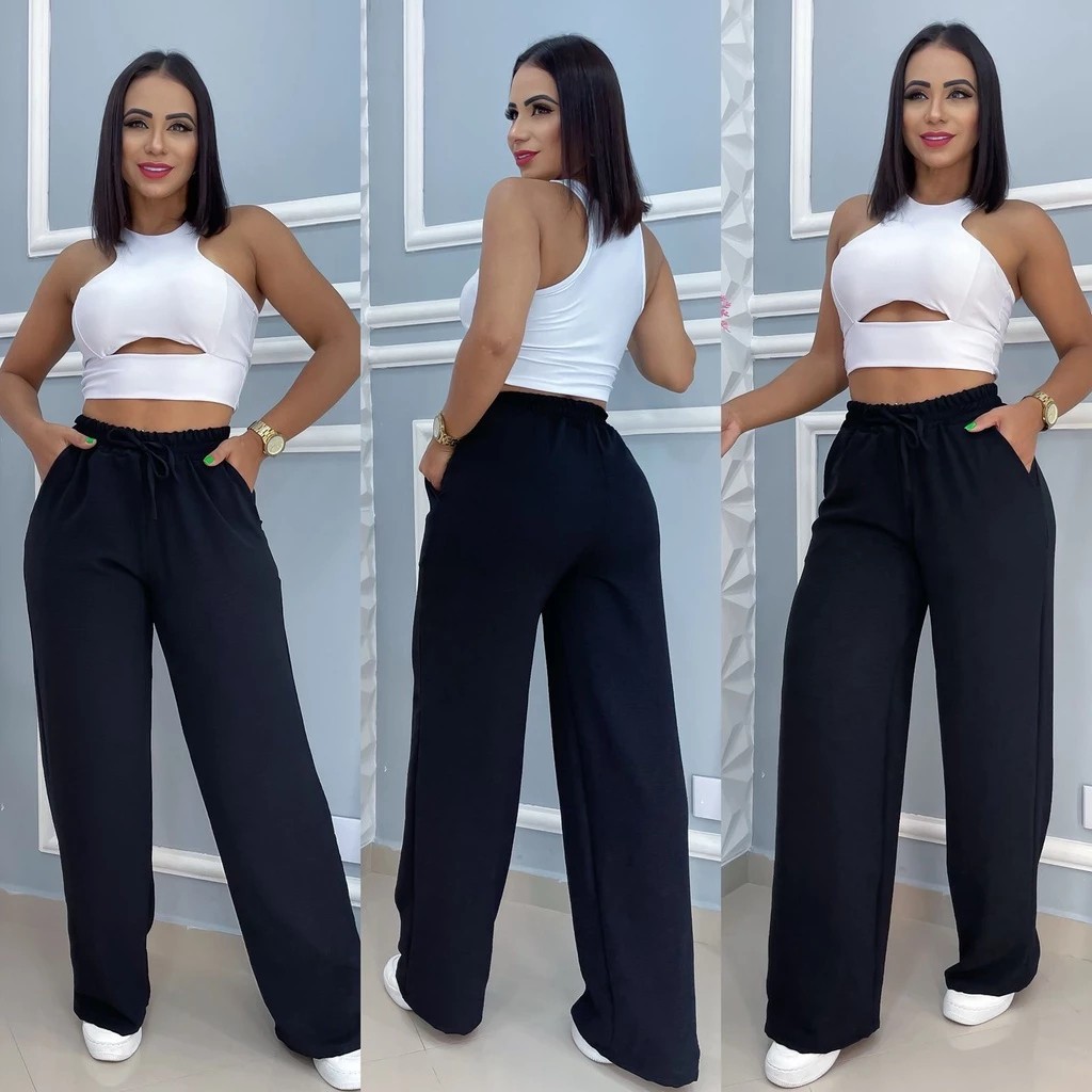 Pantalona Feminina Cintura Alta em Tecido Duna Wide Leg Duna Tendência 2025
