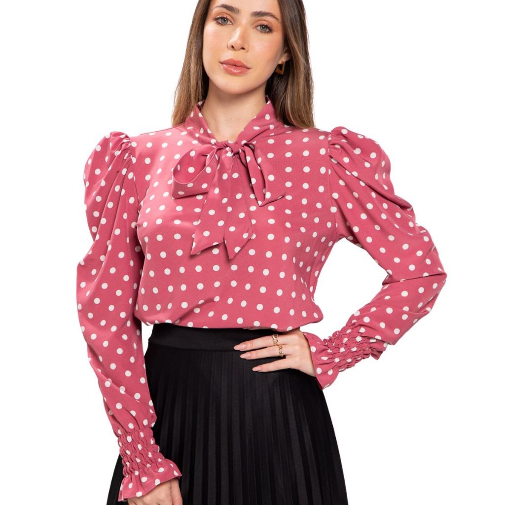 Blusa Feminina Evangélica Manga Longa Bufante Com Gola Laço Poa