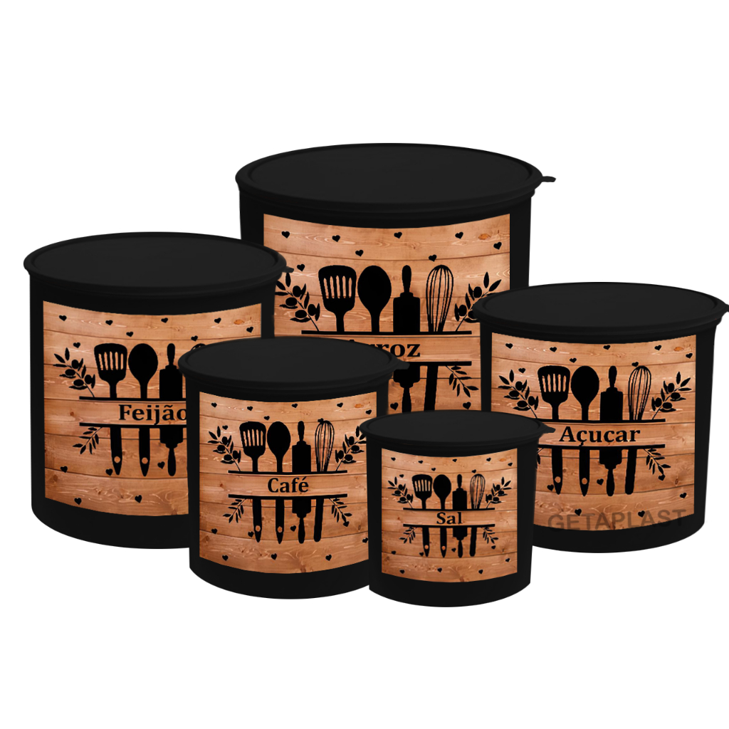 Imagem Kit 5 Potes de Mantimentos Plástico Decorado Porta Mantimentos Talheres Pote Cozinha