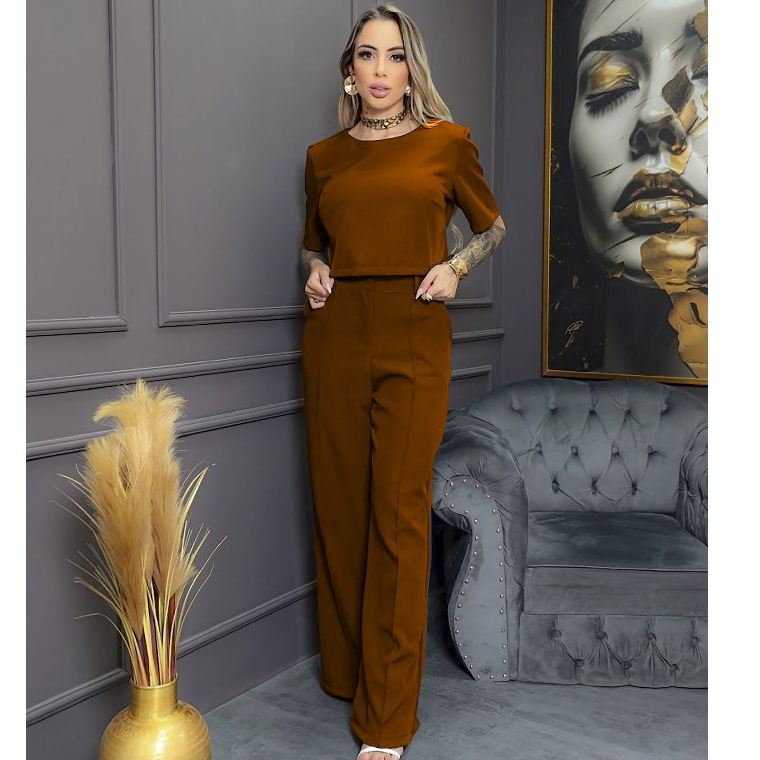 Conjunto feminino Elegante | Calça pantalona | Croped | Alfaiataria | Bolsos | Botão | Zíper | 2025