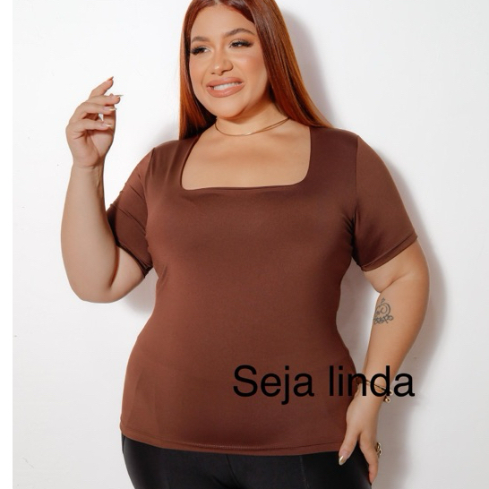 Blusa feminina plus size básica decote quadrado com manga em Oferta na Shopee