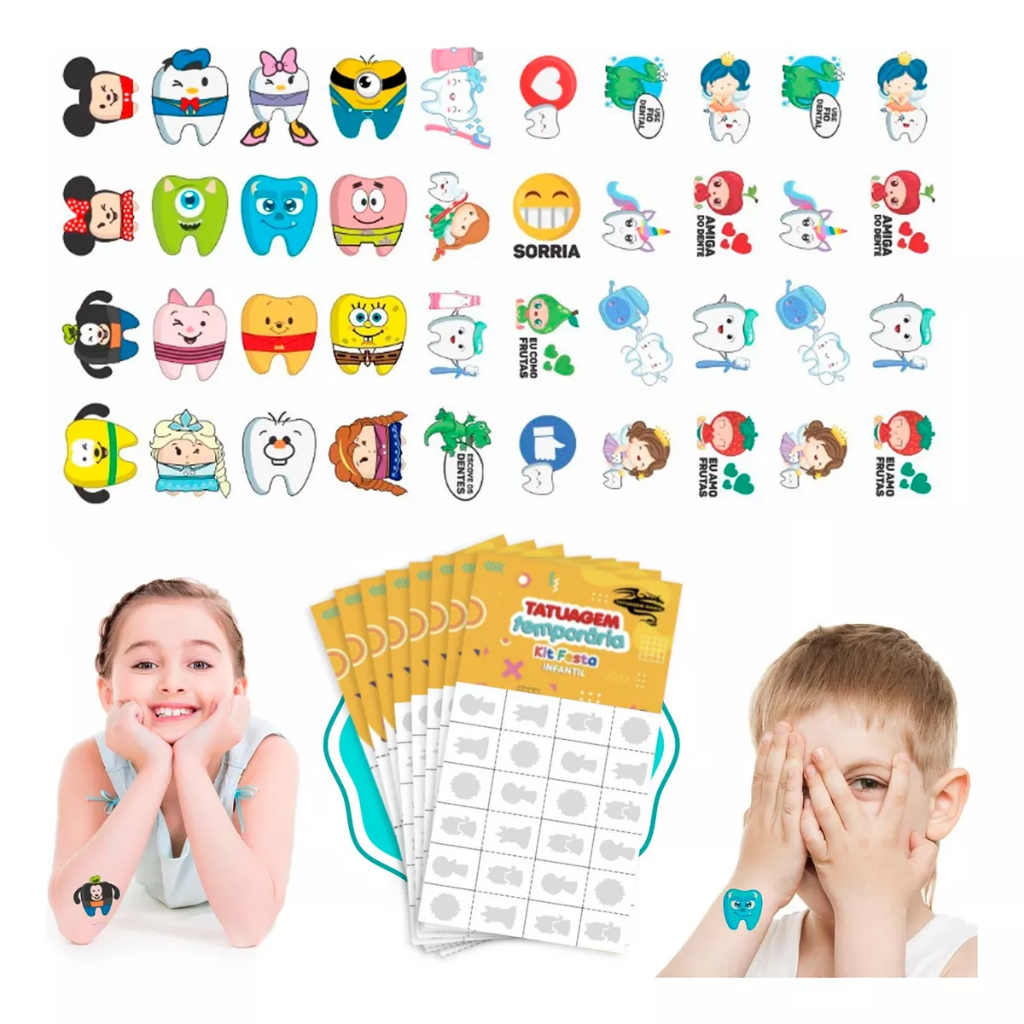 32/160/256 Tatuagem Infantil Temporária Dentes Dentista Odonto Menina Menino Criança Festa