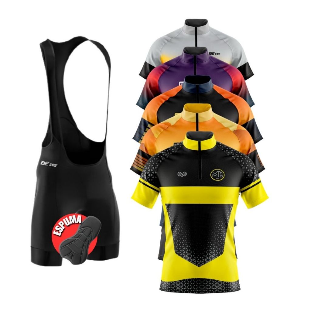 Conjunto Bretelle Ciclismo Camisa Ciclista Masculino Forro Espuma Proteção UV+ MTB Pedal