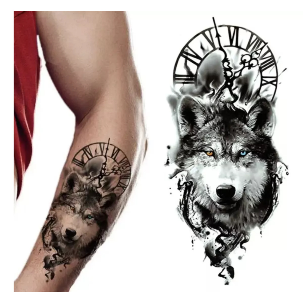 Tatuagem Temporária Falsa Masculina Feminina Lobo Relógio Romano Tempo Braço Arte Fake Homem Mulher