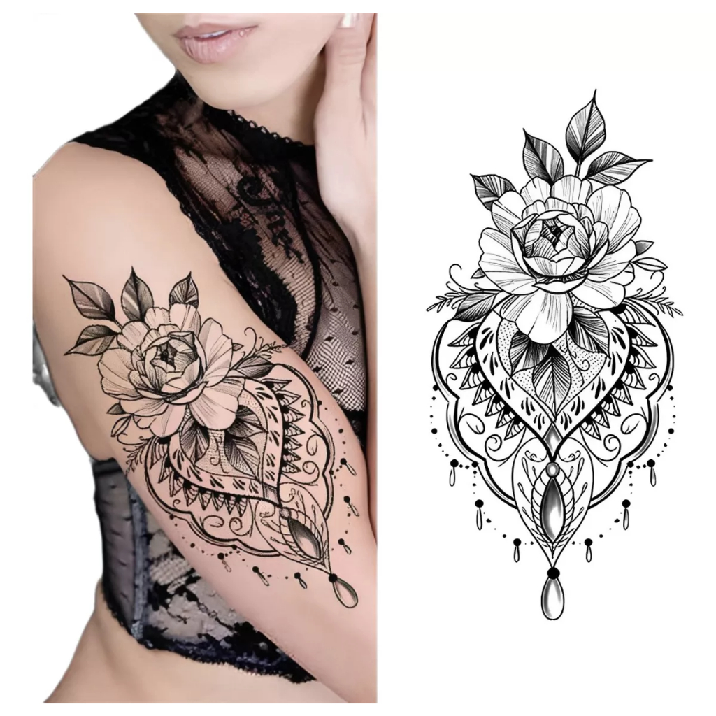 Tatuagem Temporária Falsa Fake Feminina Mulher Mandala Flor Floral Rosa Indiana Realista em Oferta na Shopee