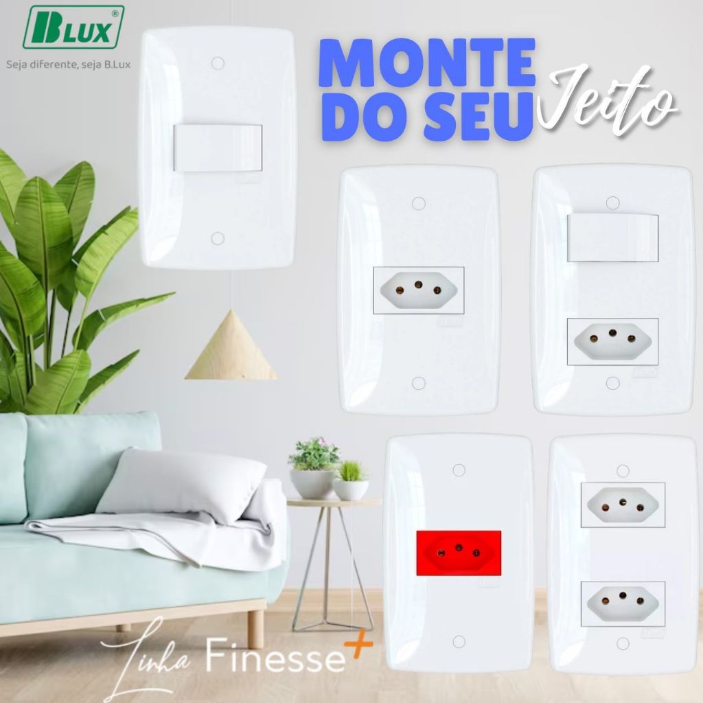 Interruptor Simples + Tomada 10A e 20A Blux Linha Finesse + Premium Branca em Oferta na Shopee
