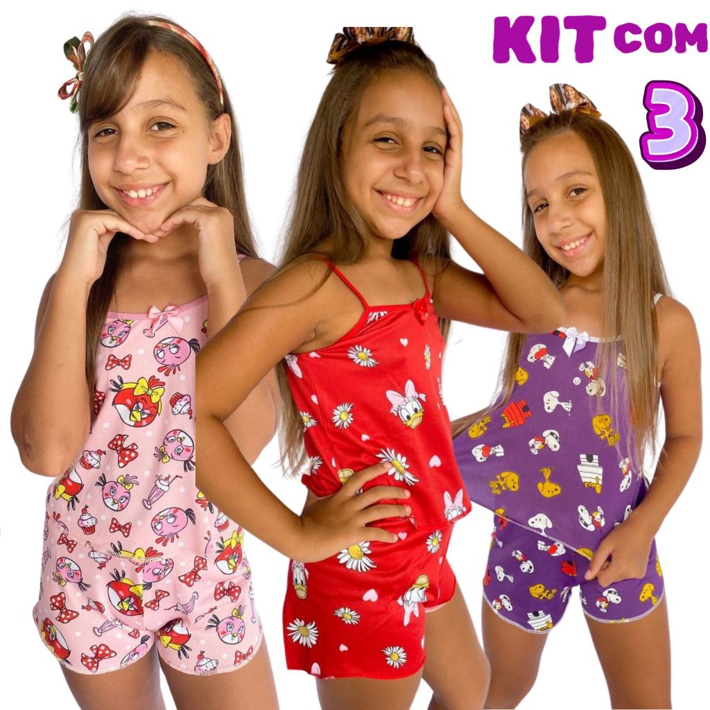 KIT COM 3 Pijamas INFANTIL estampado Baby Doll para Meninas Pijama de personagens Menina