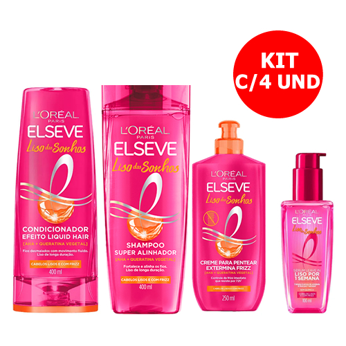 KIT ELSEVE LISO DOS SONHOS 4 ITENS C/1 SHAMPOO 400ML + 1 COND 400ML + CR PENT 250ML + 1 LEAVE-IN 100ML
