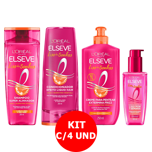 KIT ELSEVE LISO DOS SONHOS 4 ITENS C/1 SHAMPOO 200ML + 1 COND 200ML + 1 CR PENT 250G + 1 S...