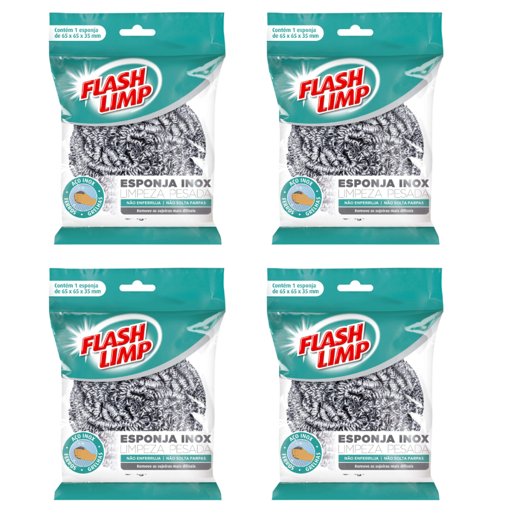 Kit 4 Esponjas Aço Inox Limpeza Pesada Não Enferruja - Flash Limp