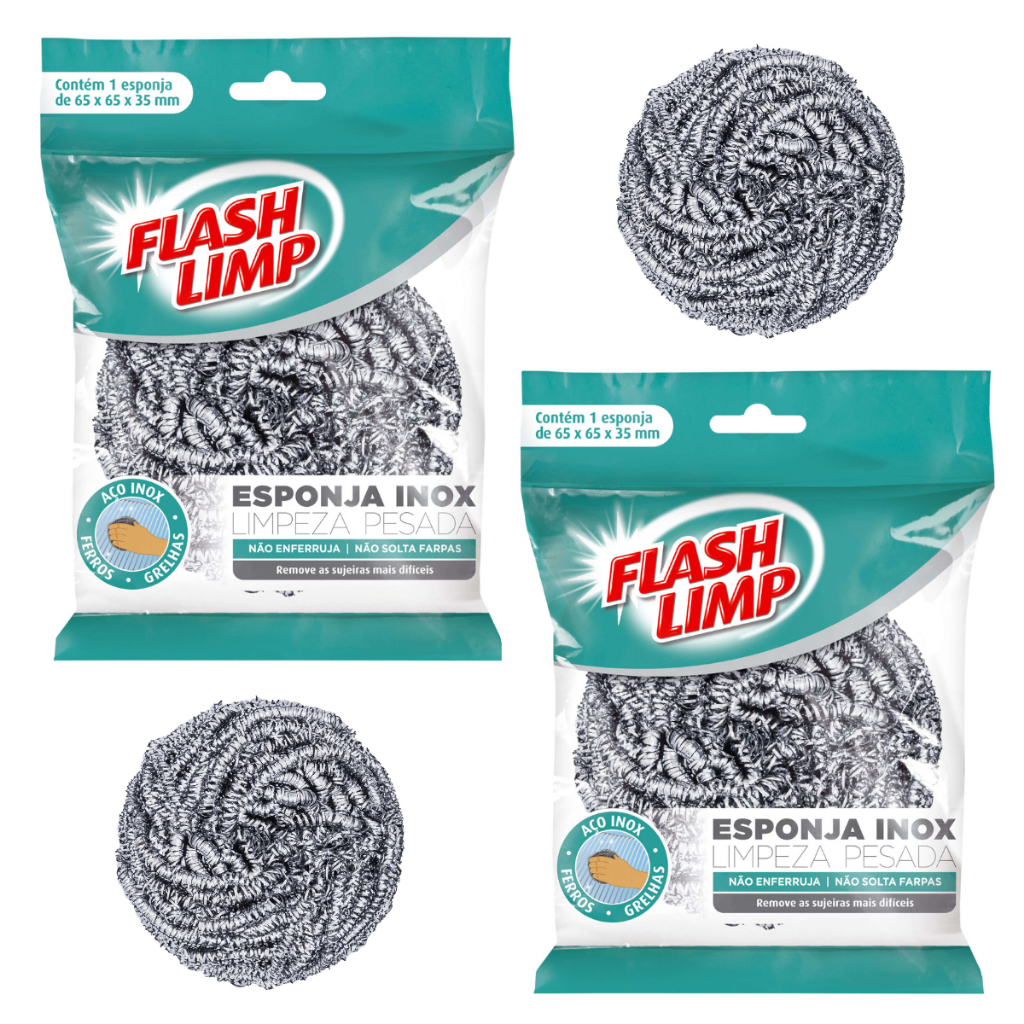 Kit 2 Esponjas Limpeza Pesada Aço Inox Não Enferruja Resistente - Flash Limp