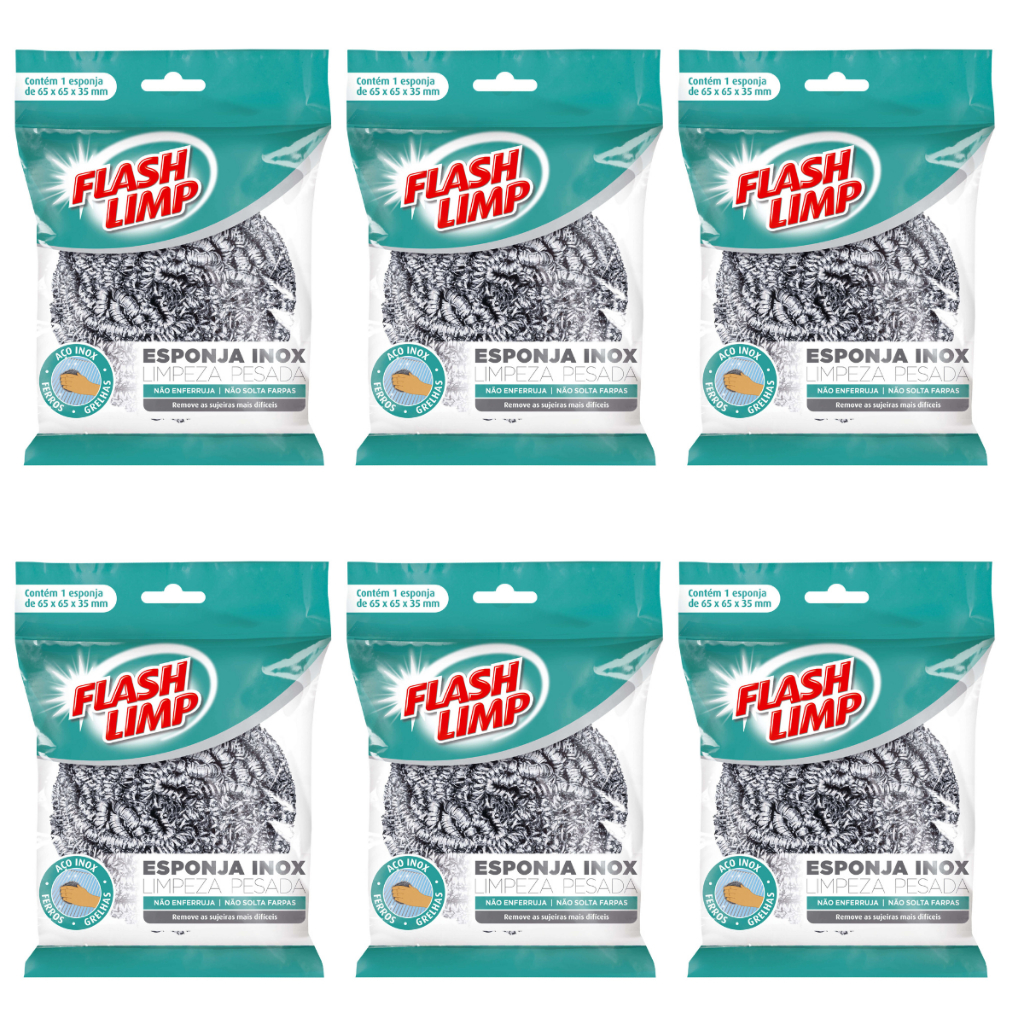 Kit 6 Esponjas Limpeza Pesada Aço Inox Não Enferruja Resistente e Durável  - Flash Limp