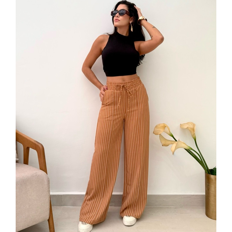 Calça Pantalona Feminina Listradas Com Bolso Cintura Alta em Oferta na Shopee