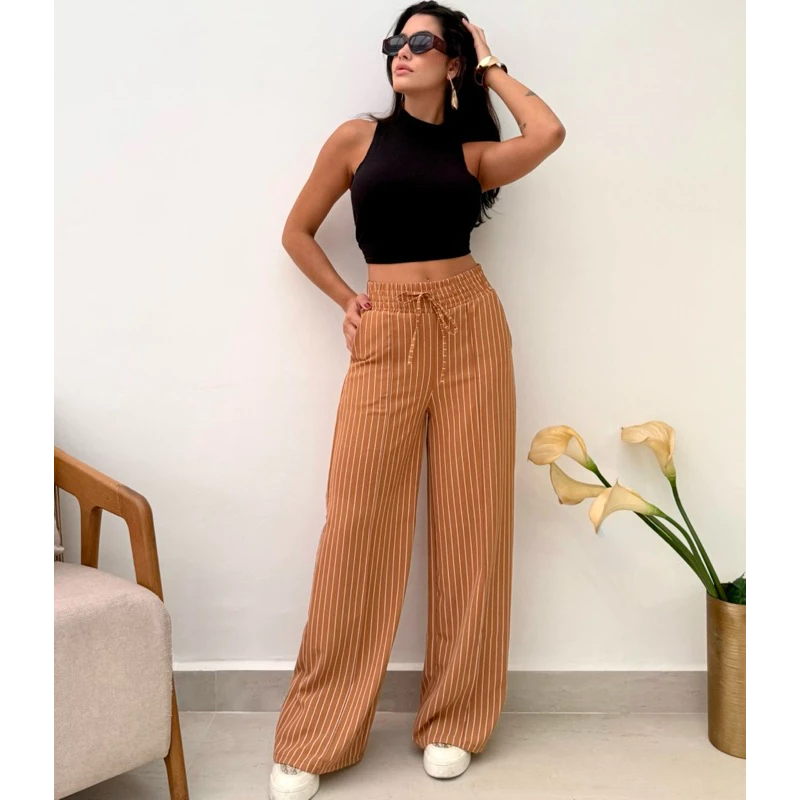 Calça Pantalona Feminina Listradas Com Bolso Cintura Alta — imagem 1