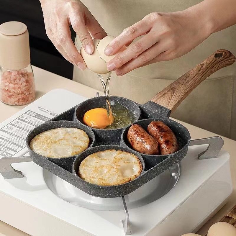 Frigideira Multifuncional Antiaderente 4 Em 1 Para Ovos , Hambúrguer , Omelete , Com Cabo De Madeira