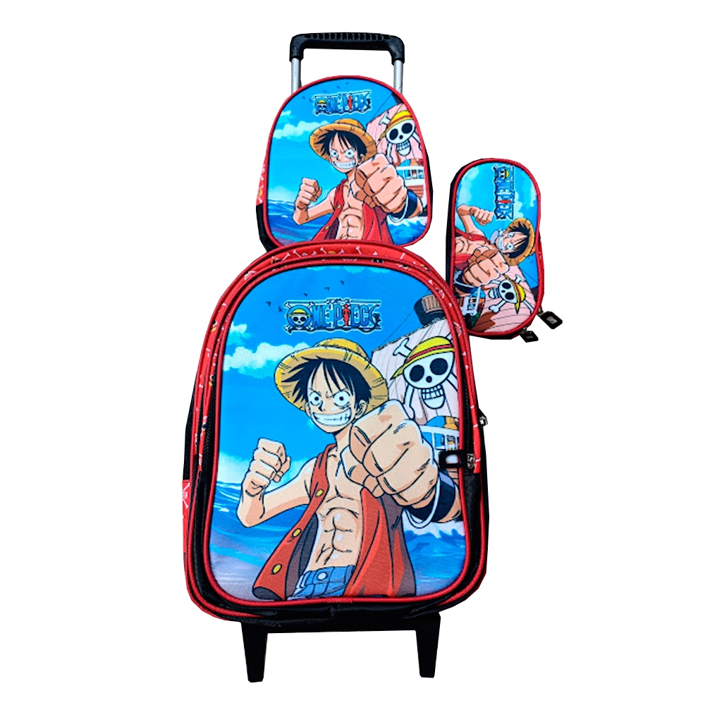 Kit Mochila One Piece com Rodinhas + Lancheira Térmica + Estojo Escolar Infantil