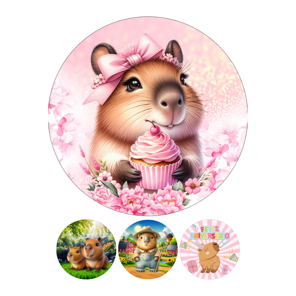 Painel Redondo De Mesa 50x50cm Tecido Sublimado 3D Capivara em Oferta na Shopee