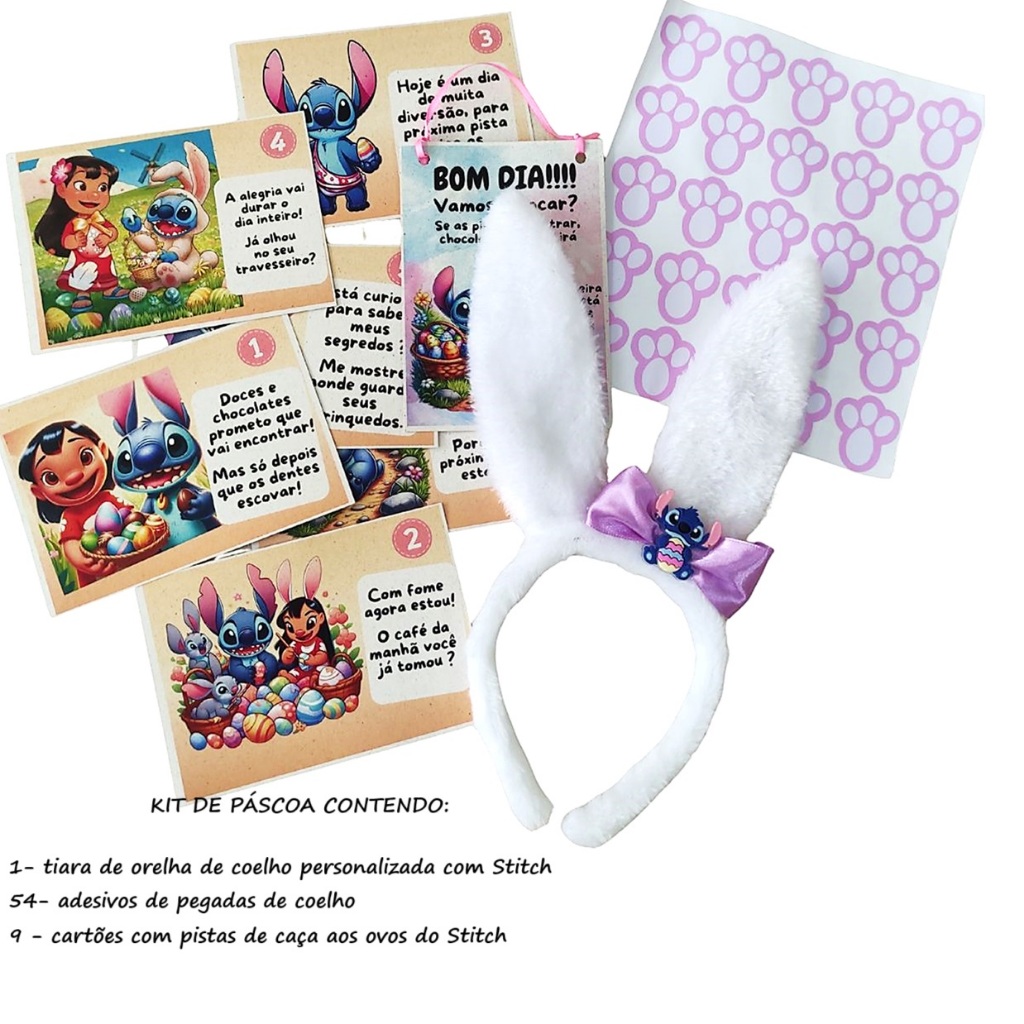 Kit Páscoa Stitch Caça aos Ovos - tiara orelha de coelho e 54 adesivos de pegadas de Coelho de Páscoa - Envio Imediato