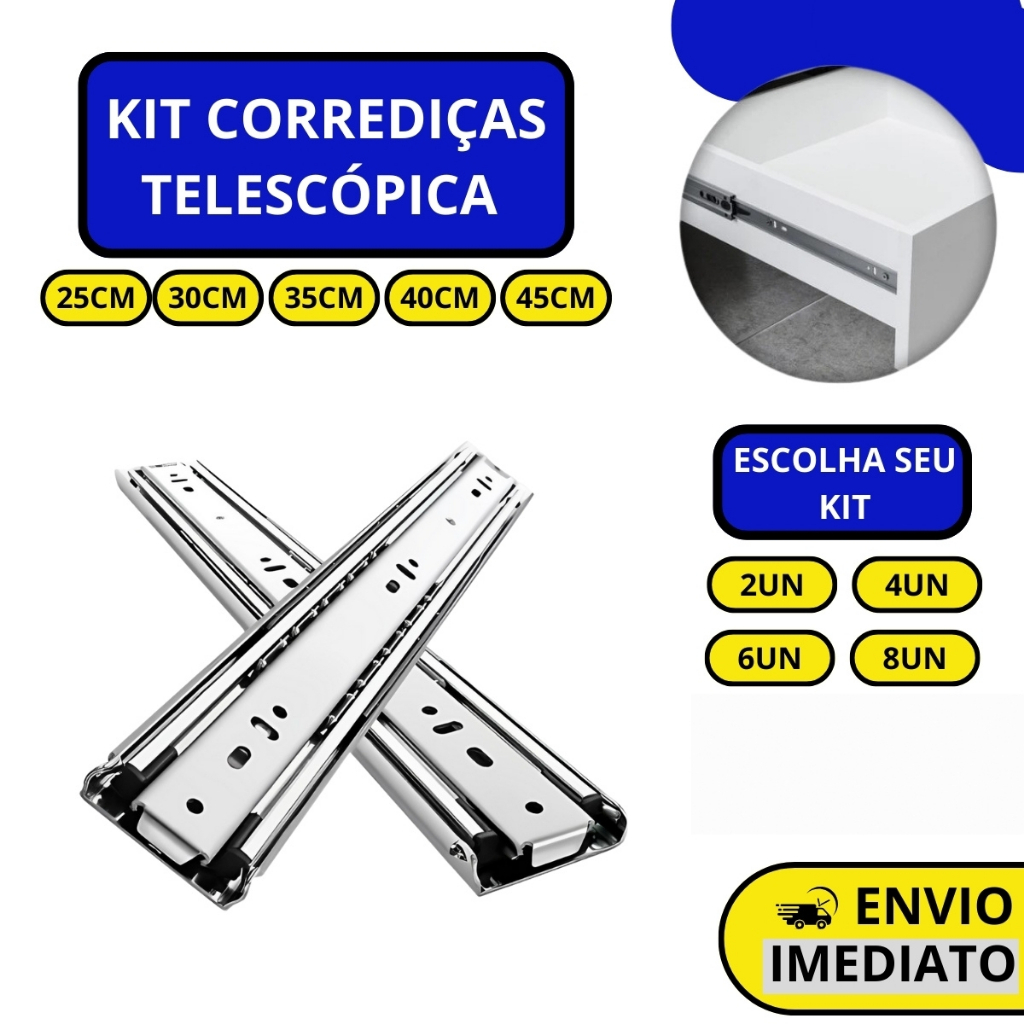 Kit Corrediças Gaveta Trilho Telescópica Light COM Parafusos | 25cm - 30cm - 35cm - 40cm - 45cm em Oferta na Shopee