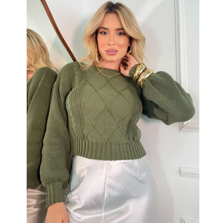 Blusa Tricô Feminina Fang Aran Manga Bufante Moda Tricot Dia a Dia em Oferta na Shopee