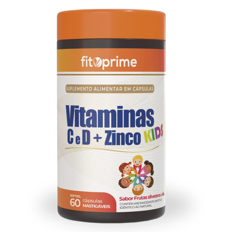 Vitaminas C, D e Zinco Kids Mastigável - 60 Cápsulas Fitoprime. Saúde e Imunidade Infantil