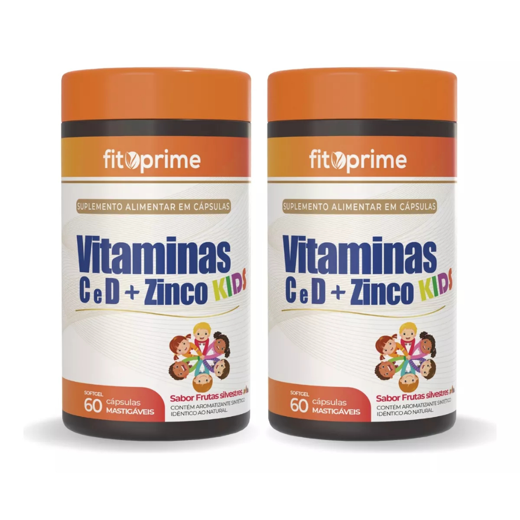 Kit 2x Vitaminas C, D e Zinco Kids Mastigável - 60 Cápsulas Fitoprime. Saúde e Imunidade Infantil