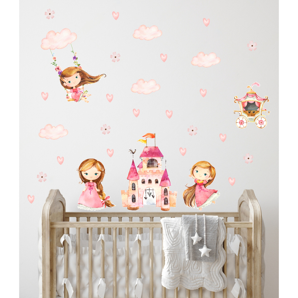 Adesivos de Parede Infantil Meninas Princesa Castelo Nuvens Corações Decoração Quartinho de bebê