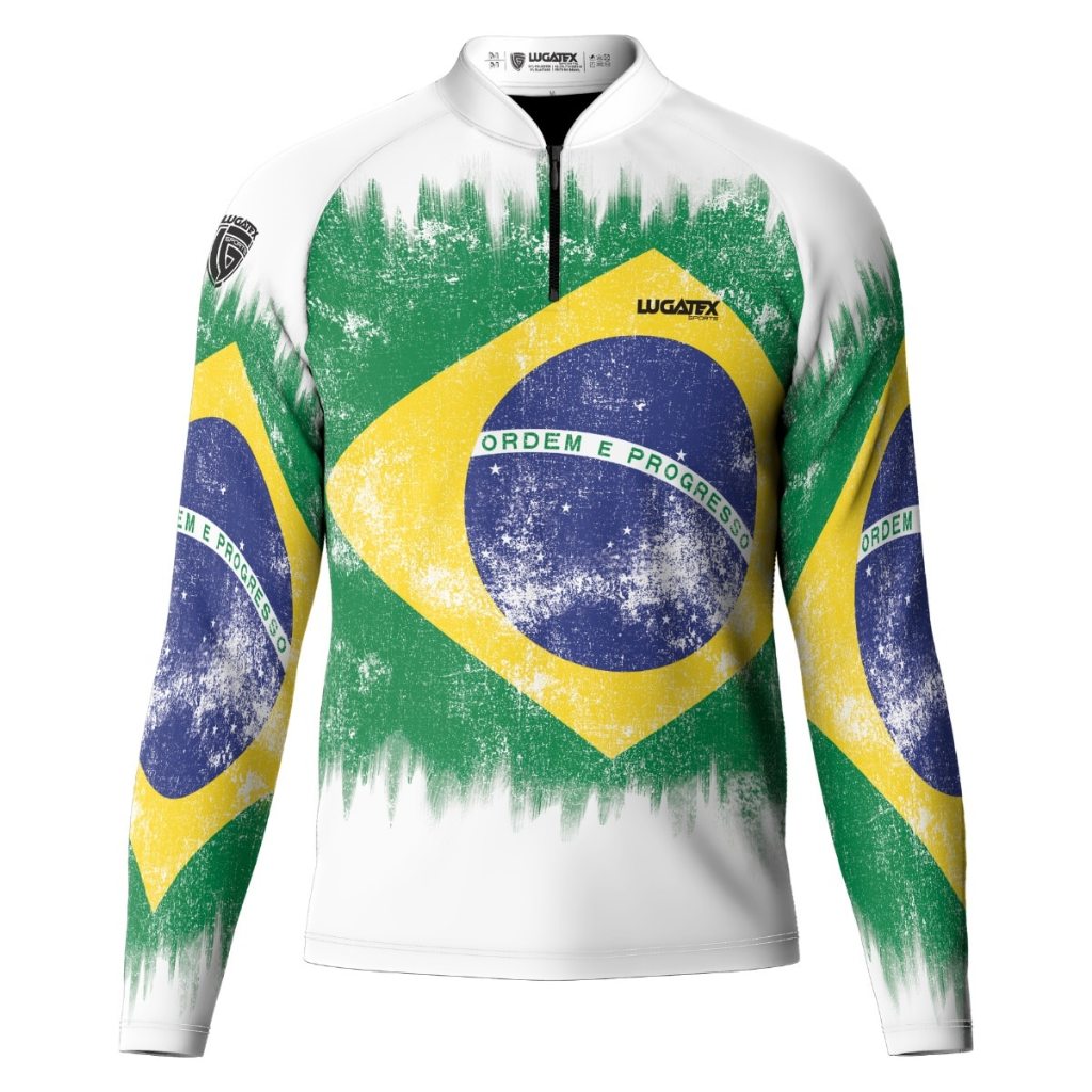 Camisa Agro Branca Bandeira do Brasil Com Proteção Solar UV+50