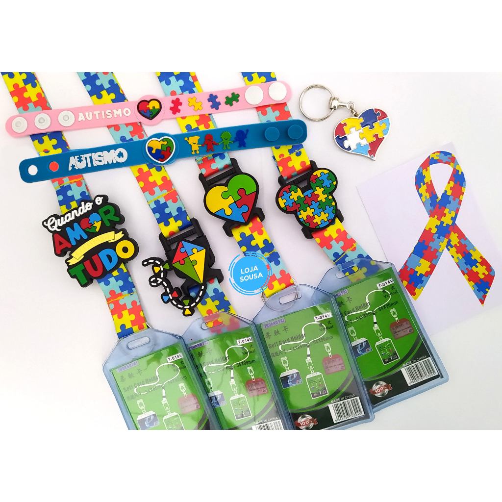 Kit Cordão Porta Crachá Pulseira Chaveiro Adesivo Carro Autismo em Oferta na Shopee