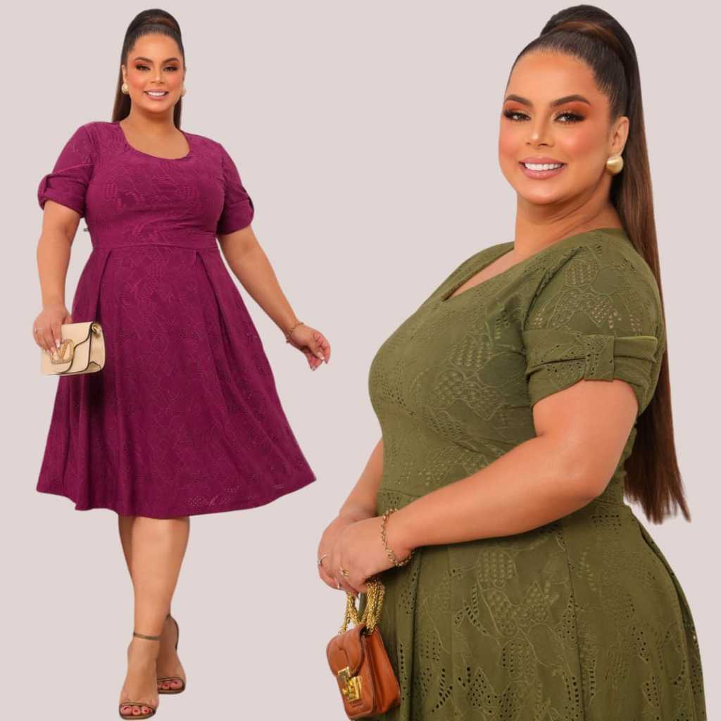Vestido Midi Plus Size Feminino Moda Evangélica Forrado em Laise de Malha | Modelo Luna em Oferta na Shopee