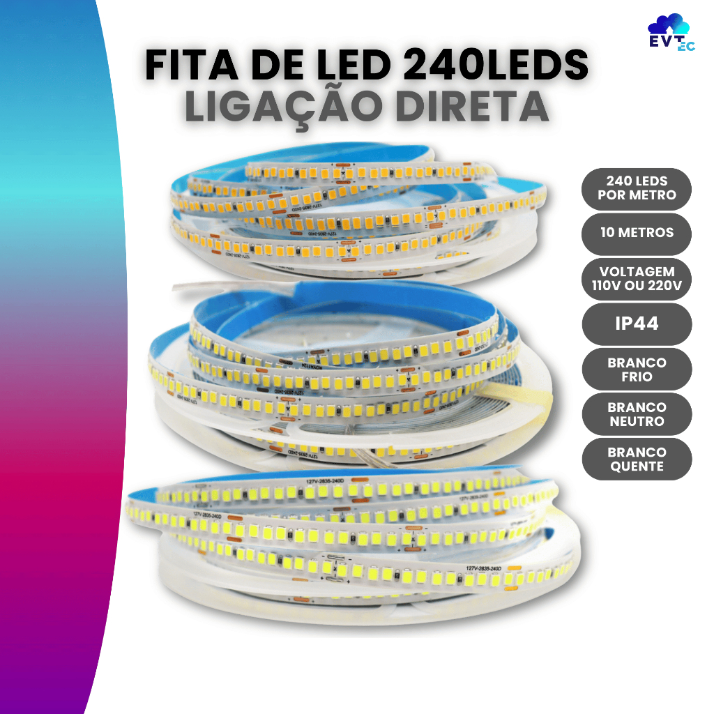 Fita Led 110v/220v Direta Na Energia 240leds/m Rolo 10m Não Usa Fonte em Oferta na Shopee