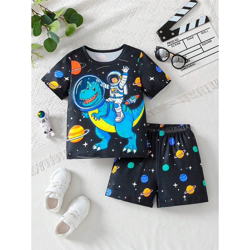 Conjunto Camiseta Bermuda Short Infantil Dinossauro Astronauta Espaço Planetas 100% Algodão