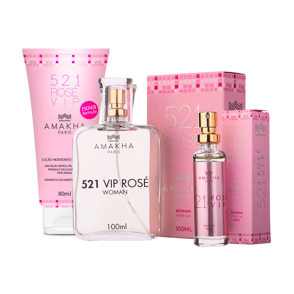 Kit Premium 521 Vip Rosé: Perfume 100ml + 15ml + Hidratante | Amakha Paris em Oferta na Shopee