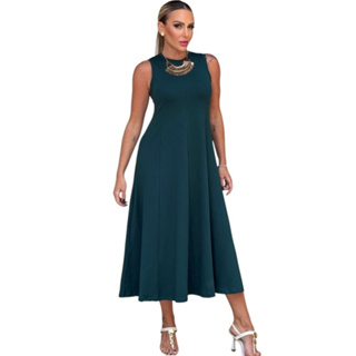Vestido Midi Feminino Moletinho Evasê Gola Redonda Sem Manga Confortável em Oferta na Shopee
