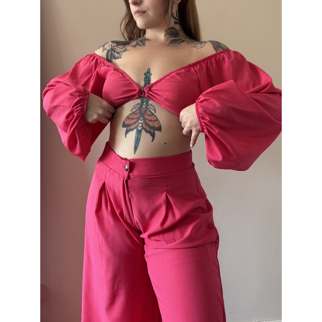 Cropped Ciganinha Manga Longa Bufante Feminino Soft Social | Elástico Frontal Busto Duplo | TU 36-42