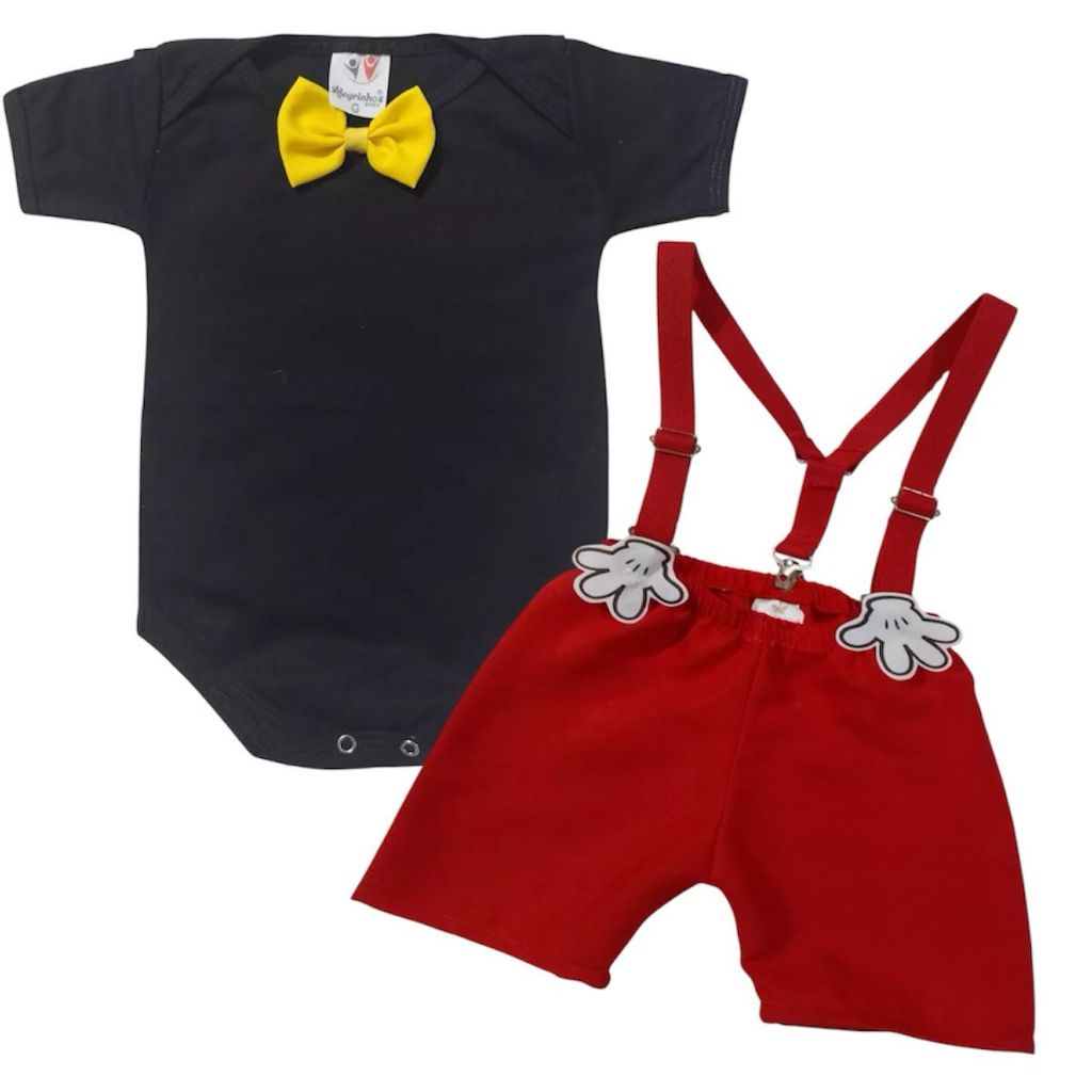 Body Mickey Gravatinha Bebê Menino Conjunto Infantil Temático Mesversário Festa Aniversário Com Short e Suspensório