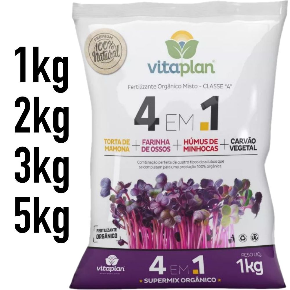 Adubo Fertilizante 4 em 1 Torta Mamona + Farinha Ossos + Humus de Minhoca + Carvão Vegetal c/ 1kg VITAPLAN em Oferta na Shopee
